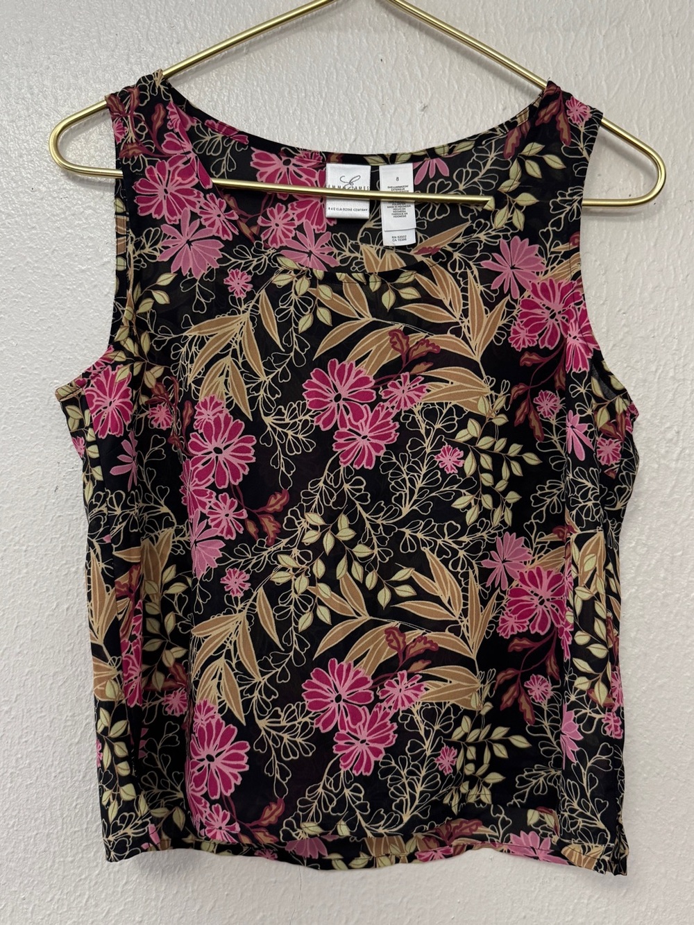 Emma James Sleeveless Top Womens Size 8 Semi Sheer Black Pink Floral